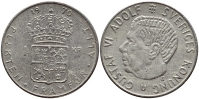 Швеция 1 крона 1970 Густав VI Адольф (1950-1973) KM 826a медь плакированная медно-никелем 4388-922