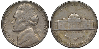 США 5 центов 1963 Джеферсон KM А192 медно-никель 4128-614