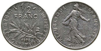 ФРАНЦИЯ 1/2 ФРАНКА 1978 СЕЯТЕЛЬ KM 931.1, LE FRANC 198.17 никель 93-1414