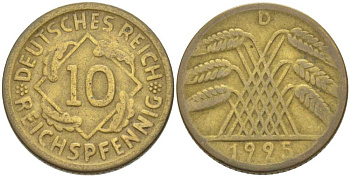 ГЕРМАНИЯ 10 РЕЙХСПФЕННИГОВ 1925 D KM 40, J. 317, Weege 9 алюминиевая бронза 210-345