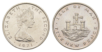 Остров Мэн 5 пенсов 1971 PM, Елизавета II (1952-2022) KM 22 медно-никель UNC 4652-744