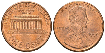 США 1 цент 1996 Авраам Линкольн KM 201b цинк плакированный медью UNC 192-1023