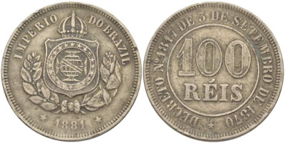 БРАЗИЛИЯ 100 РЕЙС 1881 ПЕДРО II (1831-1889) KM 477 медно-никель 4529-523