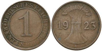 Германия 1 рентенпфенниг 1923 A KM 30, J. 306 бронза 4608-262