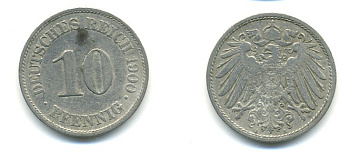 Германия 10 пфеннигов 1900 A KM 12, J. 13 медно-никель 4379-831