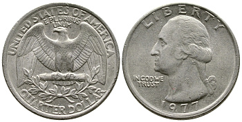 США 25 центов (квотер) 1977 Вашингтон KM A164a медь плакированная медно-никелем 57-911