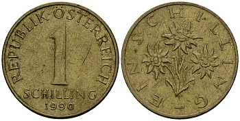 Австрия 1 шиллинг 1990 KM 2886 алюминиевая бронза 4135-233
