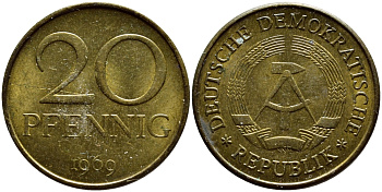 ГДР 20 пфеннигов 1969 А, первый год KM 11 латунь UNC 4397-347