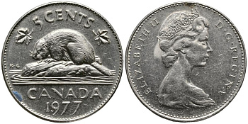 Канада 5 центов 1977 Елизавета II (1952-2022), бобр KM 60.1 никель 3336-237