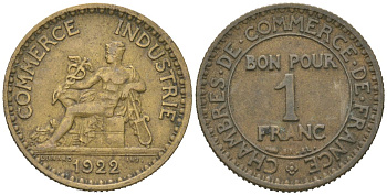 Франция 1 франк 1922 тип Chambres de Commerce KM 876, Le Franc 218.14 алюминиевая бронза 261-531