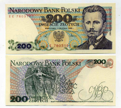 Польша 200 злотых 1988 Ярослав Домбровский, памятник погибшим во время Парижской коммуны Pick 144 c бумага UNC (пресс) 450-48-1