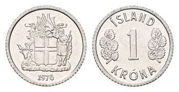Исландия 1 крона 1976 KM 23 алюминий UNC 4687-766