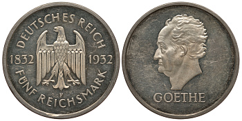 Германия 5 марок 1932 F, 100 лет со дня смерти Иоганна Вольфганга фон Гете, цена по каталогу МТ 5000 евро J. 351, KM 77 серебро PROOF 10-010-33