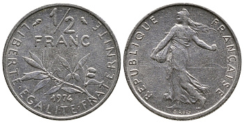 ФРАНЦИЯ 1/2 ФРАНКА 1974 СЕЯТЕЛЬ KM 931.1, LE FRANC 198.13 никель 26-1022