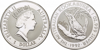 Австралия 1 доллар 1992 кукабара на ветке KM 164 серебро PROOF 00-000-00