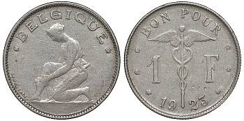 Бельгия 1 франк 1923 Belgique, Альберт I (1909-1934) KM 89 никель 51-2012