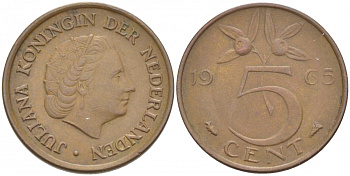 Нидерланды 5 центов 1965 Юлиана (1949-1980) KM 181 бронза 214-819
