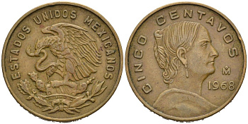 Мексика 5 сентаво 1968 Жозефа Ортис де Домингес KM 426 латунь 92-931