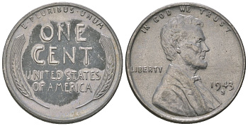 США 1 цент 1943 S (Сан-Франциско), Авраам Линкольн KM 132 a сталь покрытая цинком aUNC 112-339