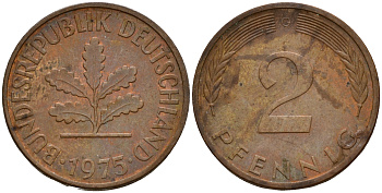 ФРГ 2 пфеннига 1975 G J.381a, KM 106a сталь плакированная медью    4598-826