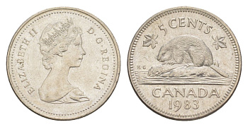 Канада 5 центов 1983 Елизавета II (1952-2022), бобр KM 60.2a медно-никель 4630-732