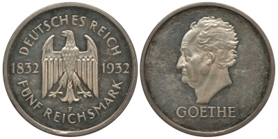 Германия 5 марок 1932 F, 100 лет со дня смерти Иоганна Вольфганга фон Гете, цена по каталогу МТ 5000 евро J. 351, KM 77 серебро PROOF 10-010-33