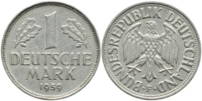 ФРГ 1 марка 1959 F КМ 110 J.385 медно-никель 85-326