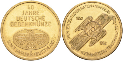 ФРГ медаль 1992 40 лет первой юбилейной монете, диаметр 30 мм. жёлтый металл PROOF 1099-2-53