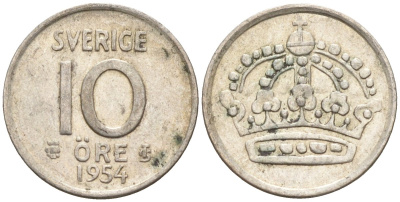 Швеция 10 эре 1954 Густав VI Адольф (1950-1973) KM 823 серебро 4147-913