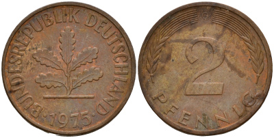 ФРГ 2 пфеннига 1975 G J.381a, KM 106a сталь плакированная медью    4598-826