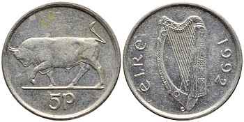 ИРЛАНДИЯ 5 ПЕНСОВ 1992 БЫК KM 28 медно-никель 4396-514