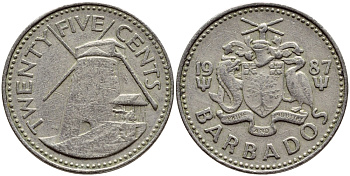 Барбадос 25 центов 1987 ветряная мельница Моргана Льюиса KM 13 медно-никель 4398-424