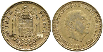 Испания 1 песета 1966 (75) Франциско Франко (1939-1975) КМ 796 алюминиевая бронза 110-1221
