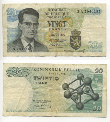 Бельгия 20 франков 1964 Бодуэн I, атомиум, d Haeze Pick 138 (1) бумага 6301-27-1