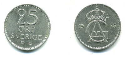 Швеция 25 эре 1973 U, Густав VI Адольф (1950-1973) KM 836 медно-никель 23-941