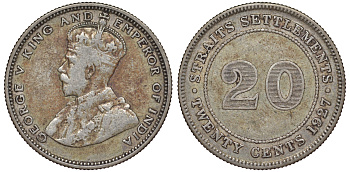 Стрейтс-Сетлментс 20 центов 1927 Георг V (1910-1936) КМ 30b серебро 53-757