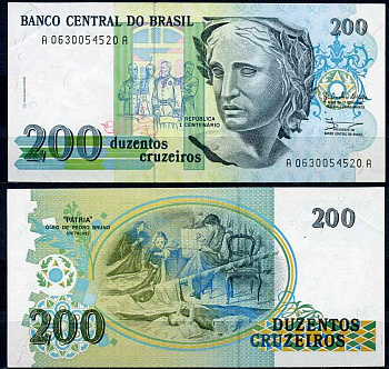 Бразилия 200 новых крузадо 1989 серия A 0630, скульптура Республики Pick 229 бумага UNC (пресс) 2196-36-2-1