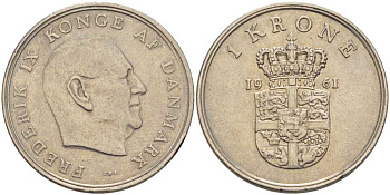 ДАНИЯ 1 КРОНА 1961 C;S, ФРЕДЕРИК IX (1947-1972) KM 851.1 медно-никель 202-756