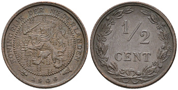 Нидерланды 1/2 цента 1906 Вильгельмина (1890-1948) KM 133 бронза 4576-332