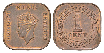 Малайя 1 цент 1939 KM 2 бронза aUNC 4654-617