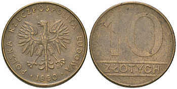 Польша 10 злотых 1990 MW Y?152.2 латунь 4617-1217