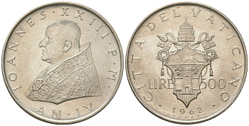 Ватикан 500 лир 1962 Иоанн XXIII (1958-1963), тираж 30.000 экземпляров KM 65 серебро UNC 1530-222