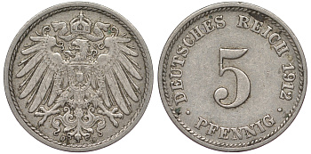 Германия 5 пфеннигов 1912 A, KM 11, J. 12 медно-никель 25-2154