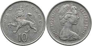 Великобритания 10 пенсов 1973 Елизавета II (1952-2022) KM 912, Spink 4231 (F1) медно-никель  4389-911
