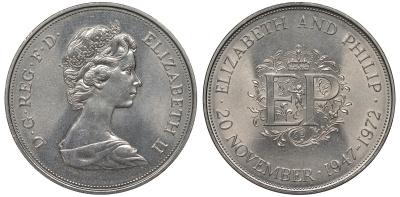 Великобритания 25 пенсов 1972 25 лет со дня свадьбы Елизавтеы II И Филлипа (1947-1972, серебряная свадьба), Елизавета II (1952-2022) KM 917, Spink 4226 медно-никель UNC 00-00