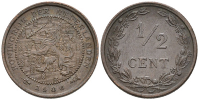 Нидерланды 1/2 цента 1906 Вильгельмина (1890-1948) KM 133 бронза 4576-332