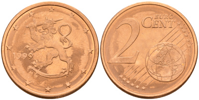 Финляндия 2 евроцента 1999  KM 99 сталь плакированная медью  UNC  4160-342