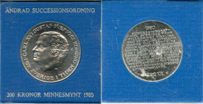 Швеция 200 крон 1980 U, Карл XVI Густав (1973- ), шведский королевский свод законов о престолонаследии, в оригинальной пластиковой упаковке KM 860 серебро PROOFLIKE 1089-2-31