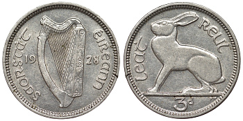Ирландия 3 пенса 1928 заяц KM 4 никель 71-143