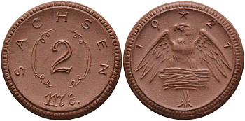 Саксония 2 марки 1921 J. N 56 фарфор 1094-2-85